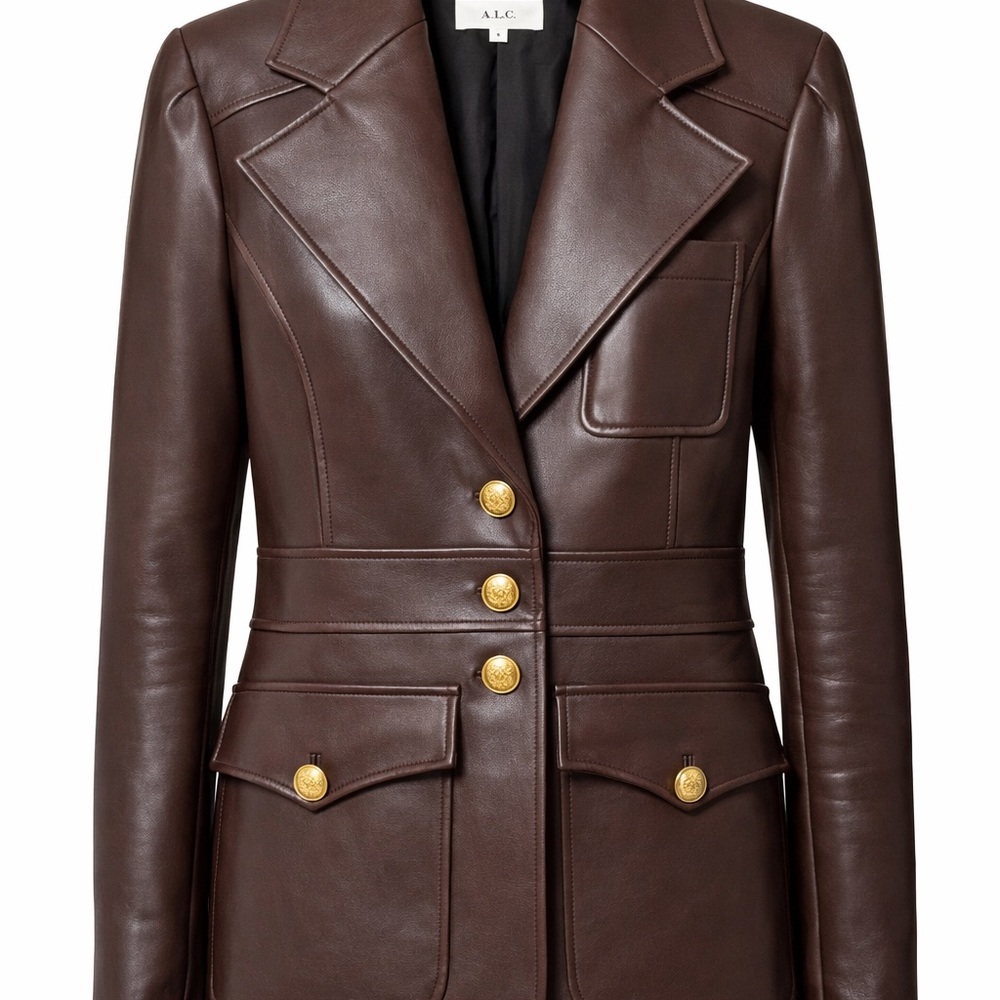 A.L.C. Dark Brown Leather Tailored Jacket with Gold Buttons
